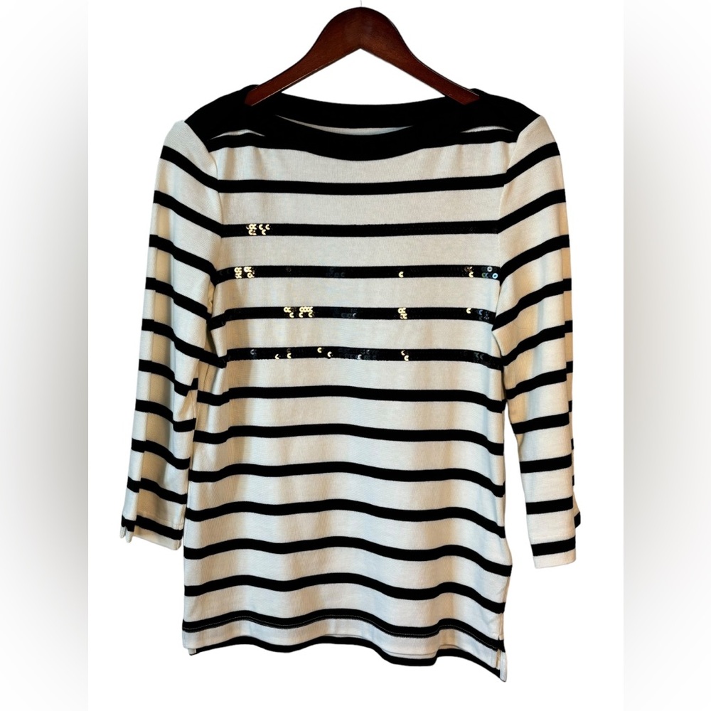 Kate Spade New York Black White Striped Sequined 3/4 Sleeve Top M